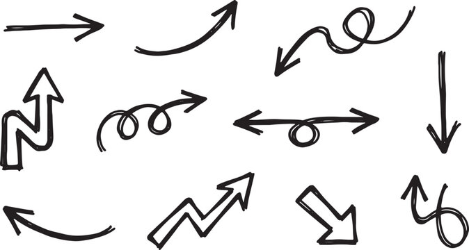 Hand-drawn arrows, lines, and symbols on white background, abstract