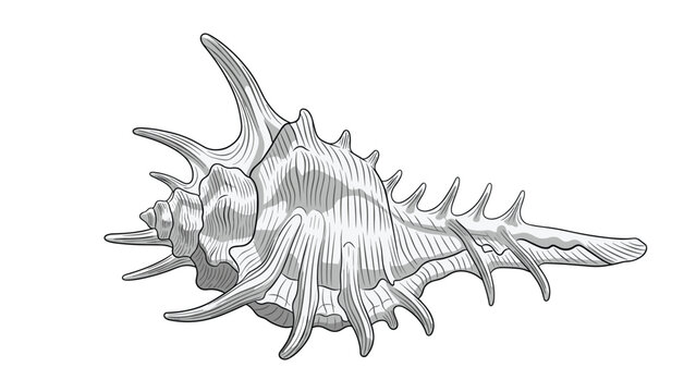 Grayscale vector illustration of a spiky chicoreus murex shell with long sharp ridges, isolated on a white background.