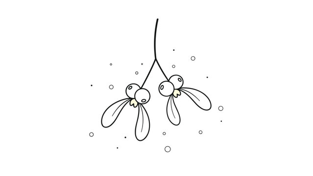 Delicate hand-drawn mistletoe branch with leaves and small berries amidst circular floating flakes on a white background.