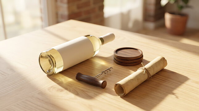 Still life of a white wine bottle with a corkscrew and aged scroll on a wooden table with soft natural light