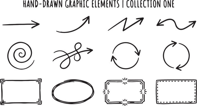 Hand-drawn arrows, speech bubbles, and containers in black and white