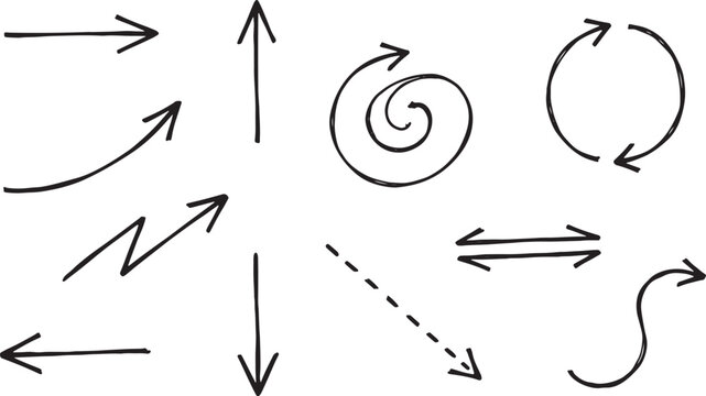 Hand-drawn arrows, loops, and zigzags in black ink on white background, line curve