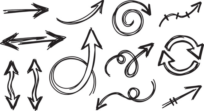Hand-drawn arrows, swirls, and loops in black ink on white background, curves lines