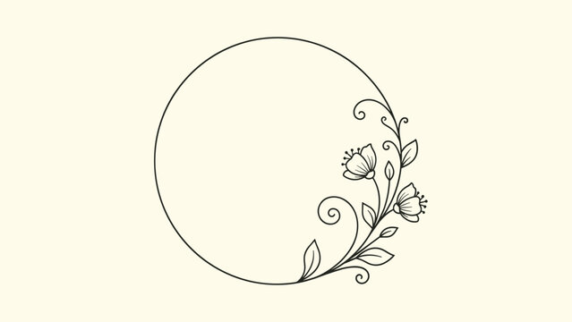 Elegant circular line art frame decorated with climbing botanical vines and delicate flowers on a soft cream background.