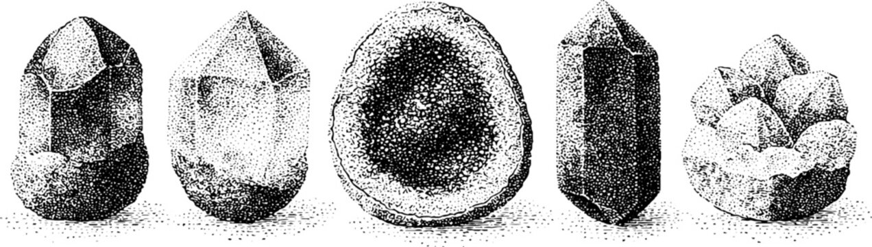 Set of crystal and geode stone cross sections vintage engraved stipple artwork for design background and pattern