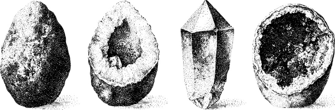 Set of crystal and geode stone cross sections vintage engraved stipple artwork for design background and pattern
