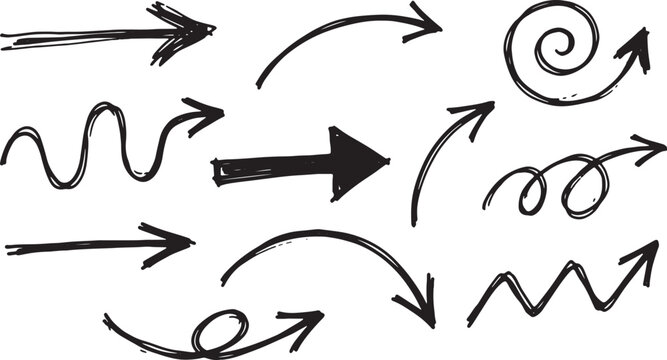 Hand-drawn black ink arrows, brackets, and symbols on white background