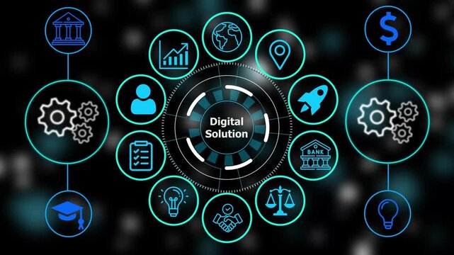 Digital business interface with glowing cyan and gear symbols arranged in a circular pattern against a dark blurred background display