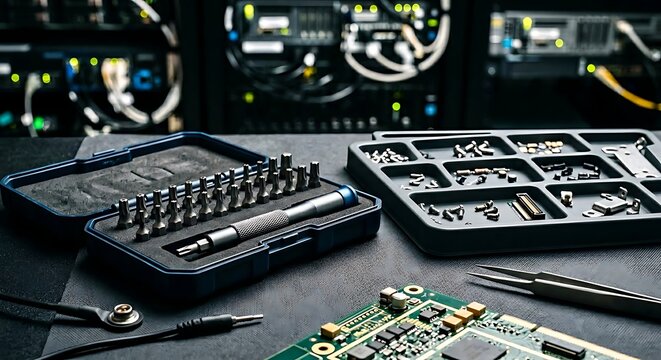 Server repair station ESD mat Torx tools spare parts grid, Precision Torx toolkit on ESD mat for server maintenance