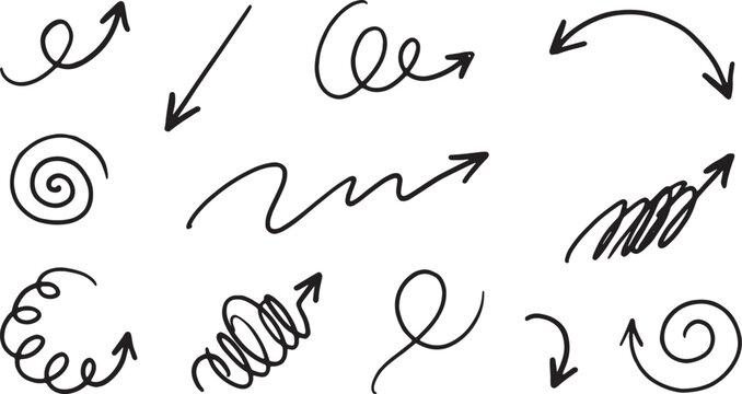 Hand-drawn doodles of arrows, circles, and squiggles in black ink