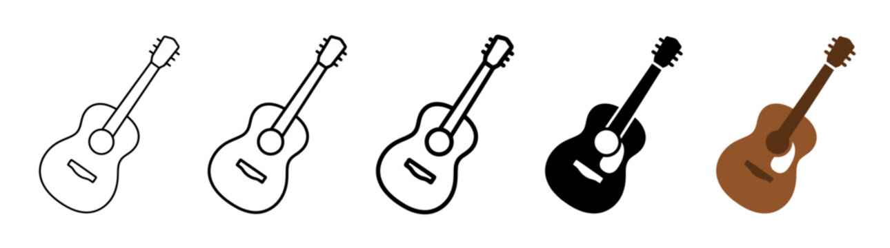 Acoustic Guitar Icons Set: Outline, Silhouette, and Color Variations
