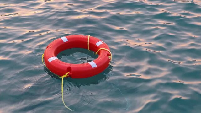 Orange lifebuoy floating on sea water at sunset safety and rescue concept