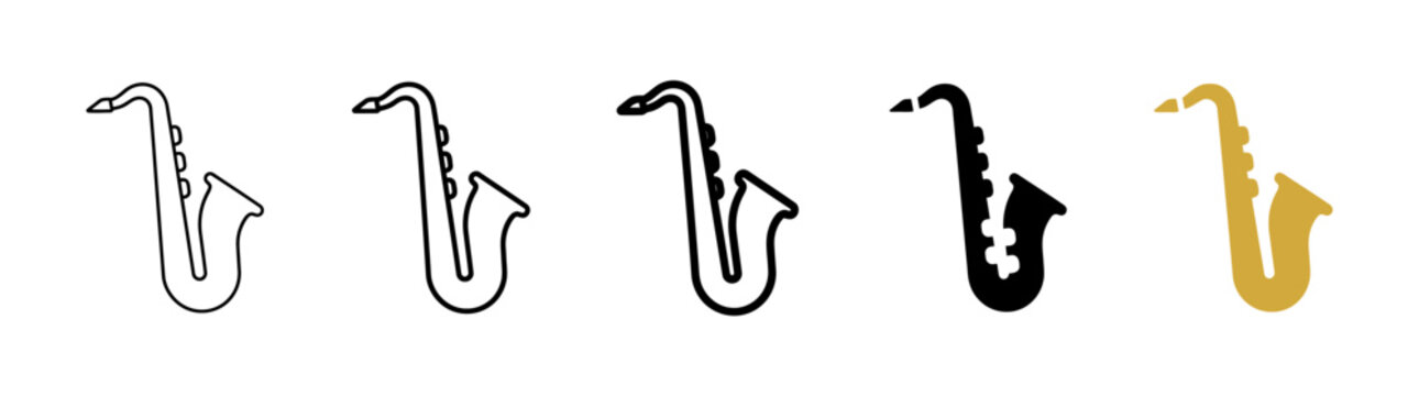 Set of Saxophone Icons: Outline, Solid Black, and Gold Silhouette on White Background