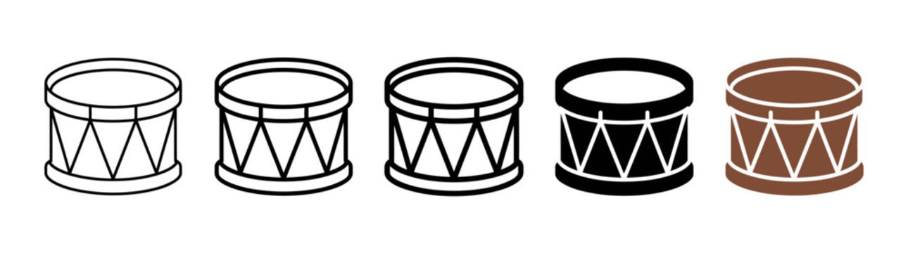 Set of Drum Icons: Outline, Silhouette, and Color Variations