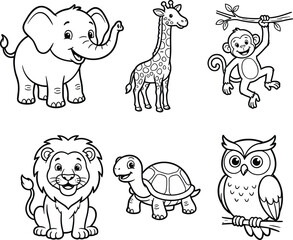 Fototapeta premium Cute wild animals coloring page vector icon set containing elephant giraffe monkey lion turtle and owl outline illustrations.