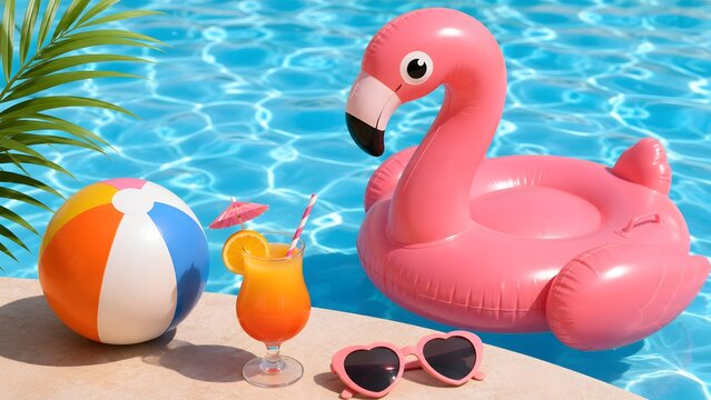 Pool party with flamingo float beach ball and tropical cocktail.