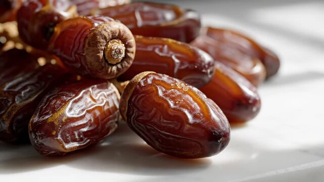 Close-up view of a cluster of premium dried brown dates with wrinkled skin and glossy texture, neatly arranged on a white marble surface under bright natural sunlight.