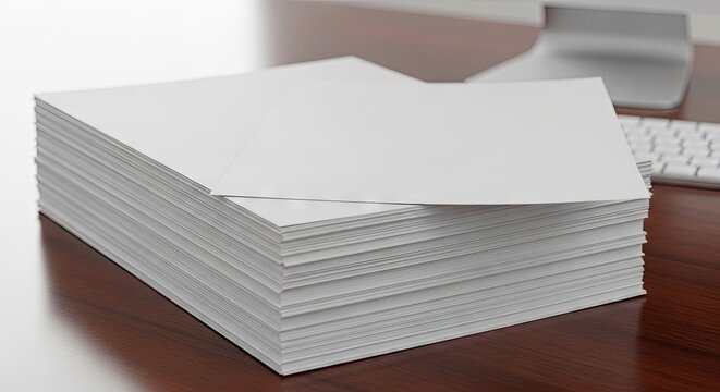 Large stack of blank white paper on office desk.