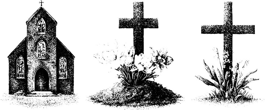 Black ink church building and cemetery crosses with floral grave mounds in stipple engraving style for easter memorial background and banner design