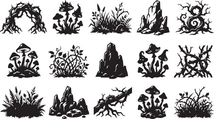 Fototapeta premium Dark fantasy forest elements silhouette vector pack, spooky nature and mushroom graphic assets