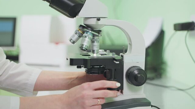 Veterinarian makes test on microscope.