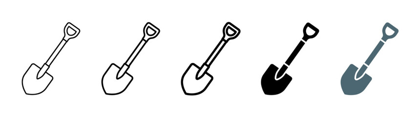 Collection of shovel icons in various styles: outline, filled, and colored © Pardi