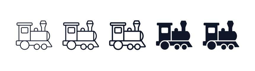 Collection of steam locomotive icons in outline and solid fill styles, representing vintage transport and childhood toys. © Pardi