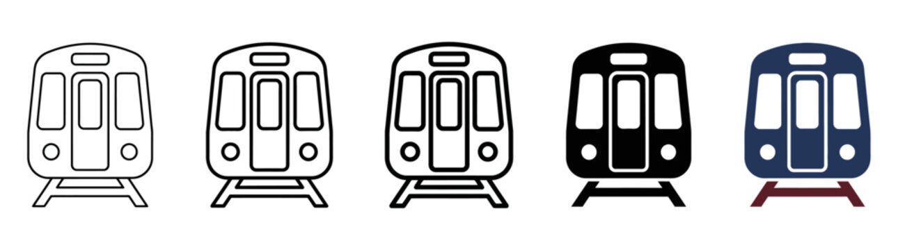 Set of subway train icons in different styles: outline, filled, and colored, front view
