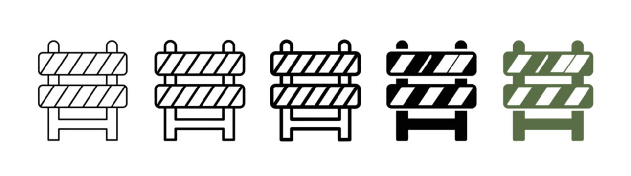 Set of construction barricades icons, warning barriers, traffic control signs, safety equipment, different styles and colors