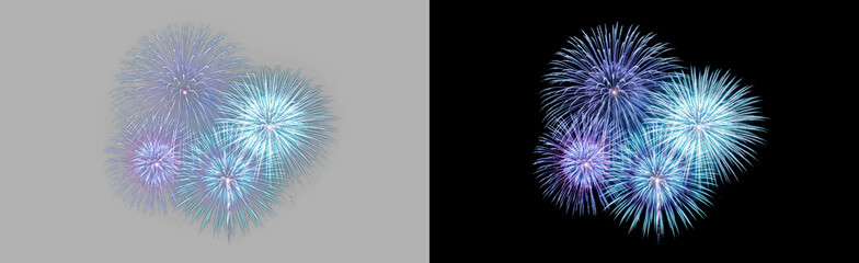 Fototapeta premium Icy blue and purple fireworks bursting isolated on transparent background, cool-toned teal starburst celebration explosion, festive glowing night effect PNG