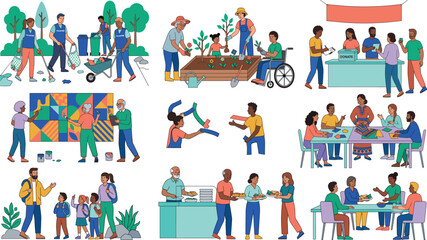 Fototapeta premium Art & Set of diverse people doing community service, volunteering, charity work, and neighborhood activities illustration
