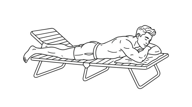 Man sunbathing on a lounge chair with eyes closed and head resting on arms, enjoying relaxation and warmth