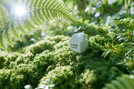 光が差し込む深い森の中に家が佇む白と緑の環境共生