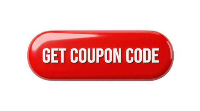 Red glossy button with get coupon code text isolated on transparent background