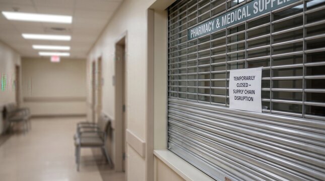 Closed pharmacy counter with security shutter, medicine shortage, healthcare disruption, public health concern, limited access.