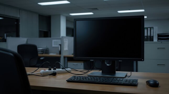 Dark office workstation during power outage, business interruption, infrastructure failure, remote work disruption, energy crisis.