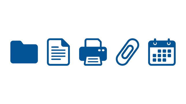 Set of blue office icons including folder document printer paperclip and calendar on white background