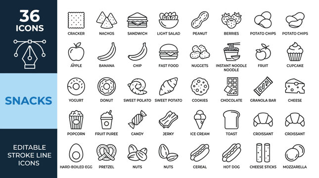 Snacks Line Icons Vector Collection Featuring Cookies Donuts Chips Sandwiches Pizza Chocolate Candy Ice Cream Fruits Nuts Fast Food Editable Stroke Outline Graphic Representation