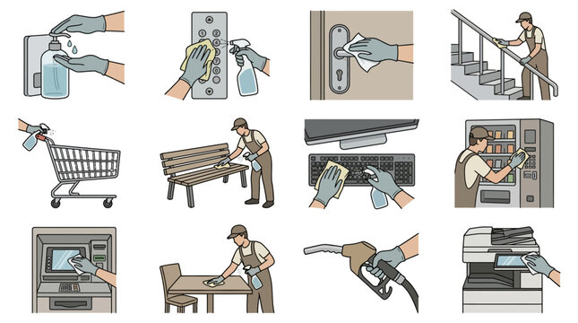 High touch public surface sanitization and hygiene icons.