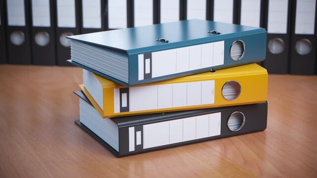 Stack of ring binders and folders with documents in a office or archive. 3d animation