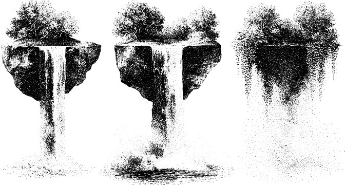 Detailed stipple illustration of suspended islands with cascading waterfalls and trees for fantasy poster and background design