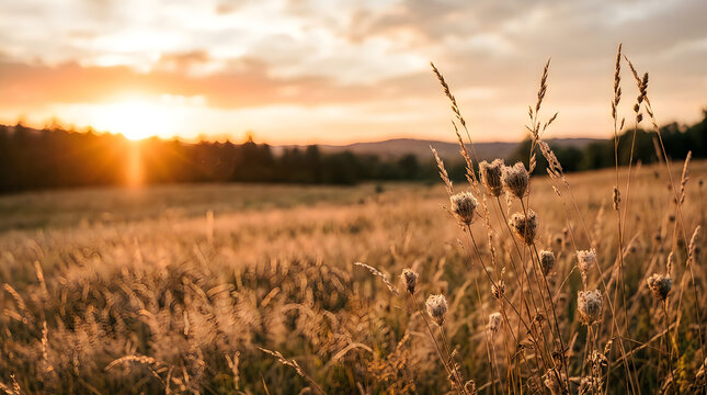 Golden wheat field at sunset with warm orange light in the countryside