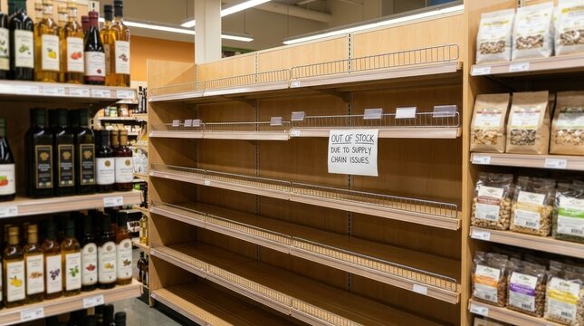 Empty grocery display shelves in supermarket, retail inventory shortage, consumer demand, supply chain disruption, economic instability.