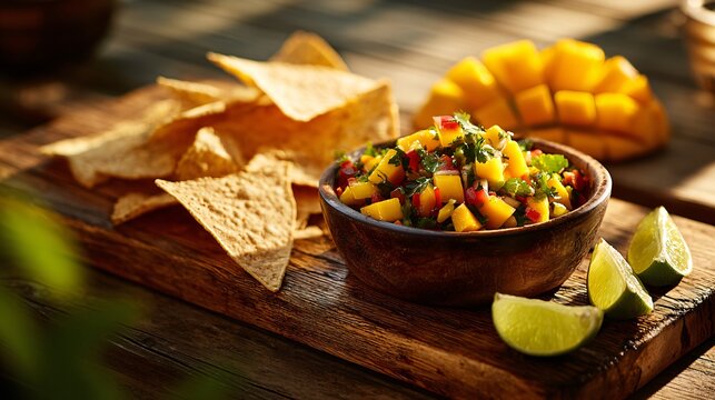A rustic serving board displaying mango salsa alongside tortilla chips and lime wedges under warm afternoon sunlight