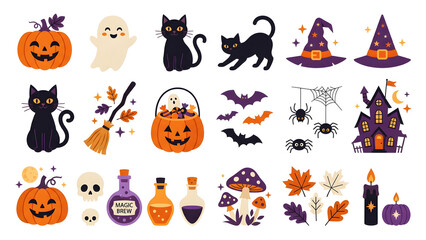 Fototapeta premium Set of cute Halloween icon elements isolated on a white background, featuring pumpkin, jack o lantern, black cat, ghost, witch hat, broom, haunted house, bats, spider, potion bottle, skull, and mushro