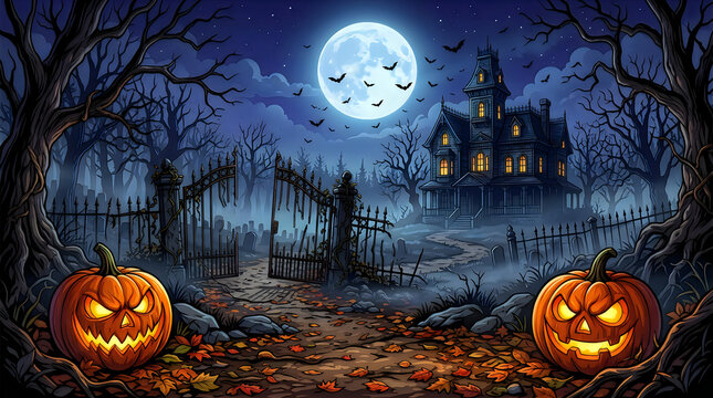 Spooky halloween scene with glowing pumpkins and haunted house under a full moon at night