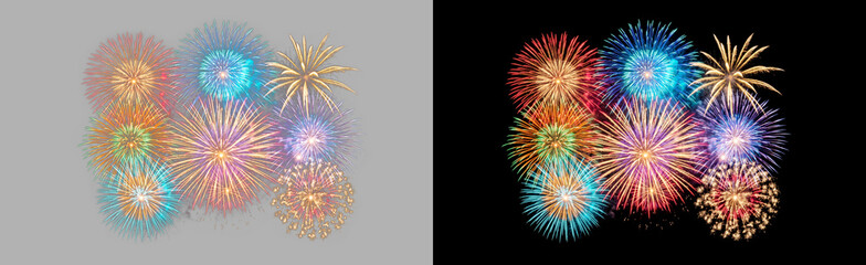 Fototapeta premium Colorful firework collection bursting isolated on transparent background, festive multicolor starburst celebration explosion, carnival night sky glow effect PNG cutout