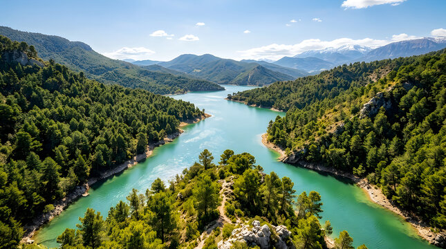 Beautiful turquoise river flowing through a deep green forest valley with mountains in the distance