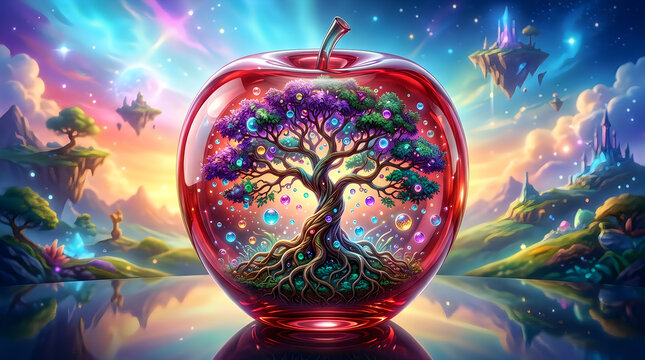 A magical red apple containing a glowing tree in a colorful fantasy landscape background