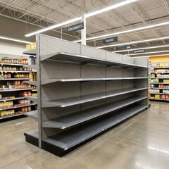 Obraz premium Empty supermarket shelves in wellness nutrition aisle, retail shortage, inventory depletion, consumer demand, supply chain disruption.